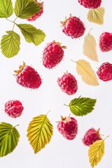Fresh raspberries and leaves arranged on a clean white surface
