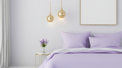 Lavender Serenity: Soft lilac bedding, elegant gold pendant lights, and a simple floral arrangement create a tranquil and sophisticated bedroom aesthetic.  