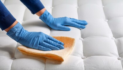 hands in blue gloves cleaning white mattress