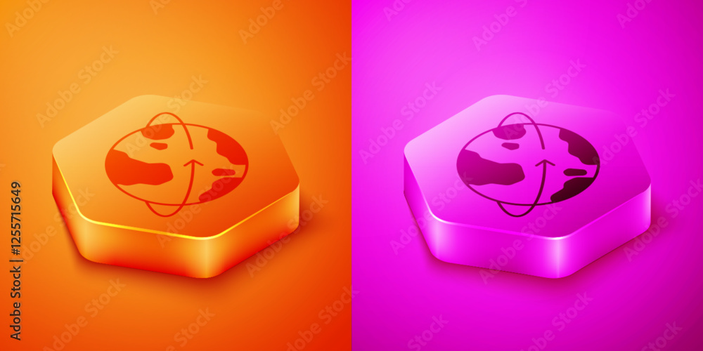 Poster isometric artificial satellites orbiting the planet earth in outer space icon isolated on orange and