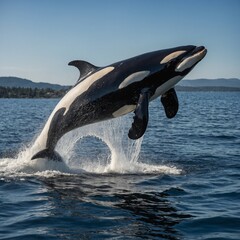 Fototapeta premium A majestic adult killer whale (Orcinus orca) powerfully breaches the ocean surface, its sleek black and white body glistening under the sunlight.