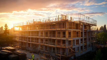 Construction of a modern apartment building at sunset