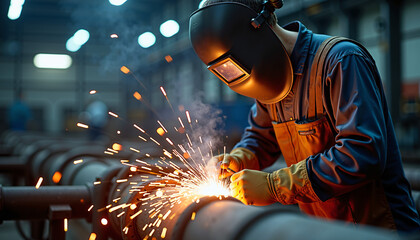 Industrial Welder Working on Metal Pipes Sparks Flying Safety Gear