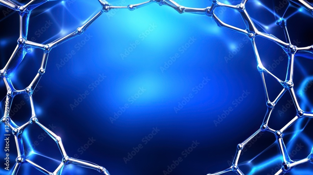 Poster abstract blue background with a geometric frame, featuring translucent shapes and glowing light effe