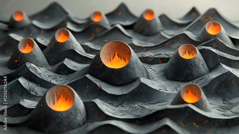 Poster hyper-realistic volcanic landscape, lava glowing against ash-gray terrain, dynamic story-driven comp