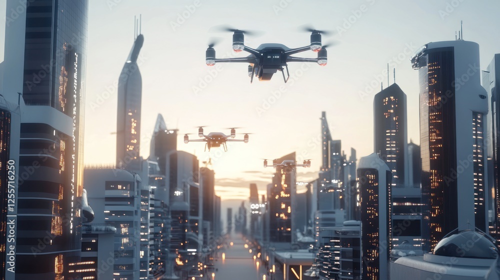 Poster drones soar above a futuristic cityscape with advanced architecture design