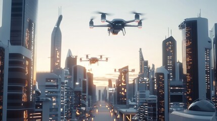 Drones soar above a futuristic cityscape with advanced architecture design