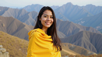 Naklejka premium Portrait of a Asian woman in a yellow shawl against the backdrop of the mountains
