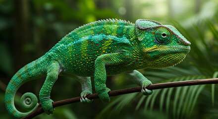 Obraz premium Green Chameleon on Branch in Tropical Forest Habitat