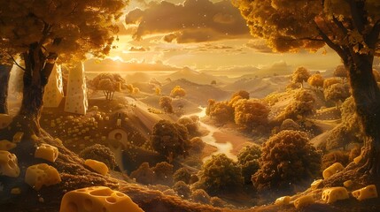 Surreal cheese landscape fantasy cartoonish scenery art