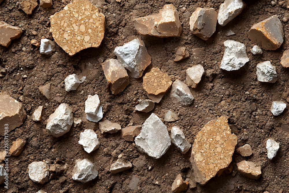 Poster close-up texture of broken rocks and soil, showing diverse colors and shapes. ideal for backgrounds,