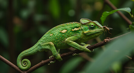 Green Chameleon on Branch in Forest
