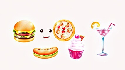 Yummy Fast Food Sweet Treats Burger Pizza Hotdog Cupcake Cocktail