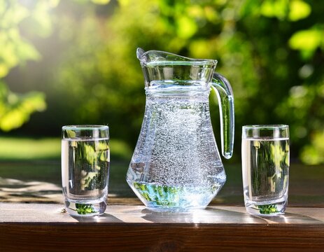a pitcher of water is poured into three glasses - Powered by Adobe