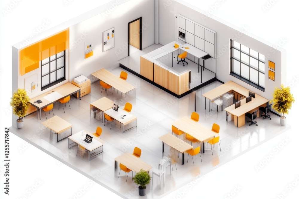 Aufkleber a 3d isometric rendering of a university faculty building with classrooms, offices, and a lecture ha