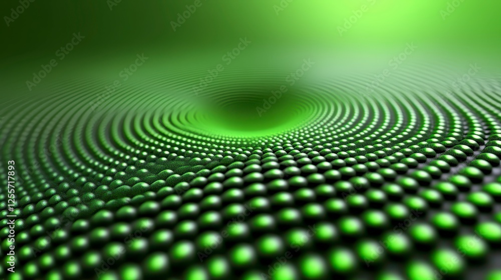 Poster abstract swirling pattern of dark green spheres, creating a 3d effect, with a gradient to light gree