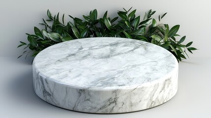 Elegant round marble pedestal surrounded by vibrant green foliage, perfect for displaying products or creating an artistic presentation backdrop