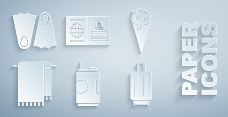 Set Soda can, Ice cream in waffle cone, Towel hanger, Suitcase, Passport and Rubber flippers icon. Vector © Vadim