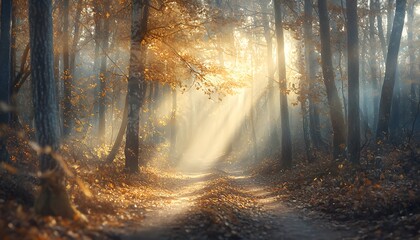 Obraz premium Dreamlike forest trail with autumn leaves blanketing the ground, sunlight filtering softly through the trees, rich earthy tones, cinematic focus on depth and texture