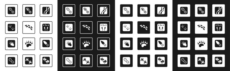 Set Snake paw footprint, Human footprints shoes, Dove, Safe distance, and Alligator crocodile icon. Vector