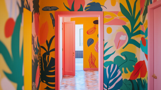A doorway in a home decorated in bold vibrant colours and patterns, dopamine decor style, maximalism and scandi vibes with bright natural light. Wide landscape. 