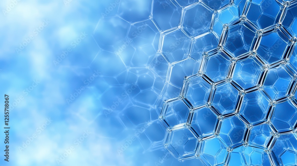 Poster abstract background design, light blue hues, hexagonal grid pattern, interconnected lines and dots, 