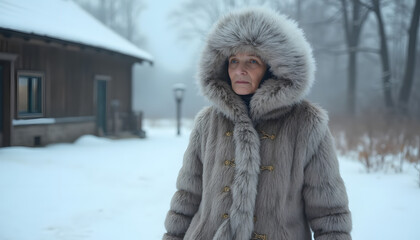 Elderly woman in traditional fur hat and fur coat walking through a snowy village, minimalistic Russian winter lifestyle