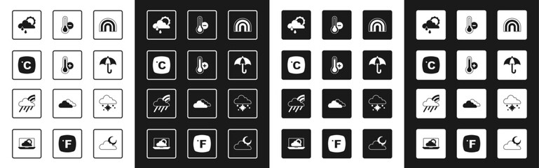 Set Rainbow, Meteorology thermometer, Celsius, Cloud with rain and sun, Umbrella, snow and cloud icon. Vector