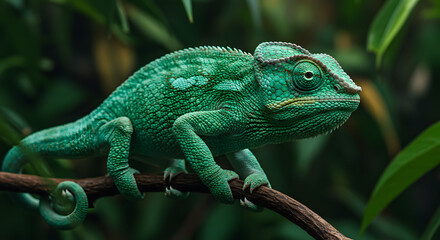 Green Chameleon on Branch in Jungle Foliage