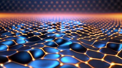 Naklejka premium Abstract technological background, featuring a dark blue and orange honeycomb pattern with golden highlights. The pattern appears to ripple or