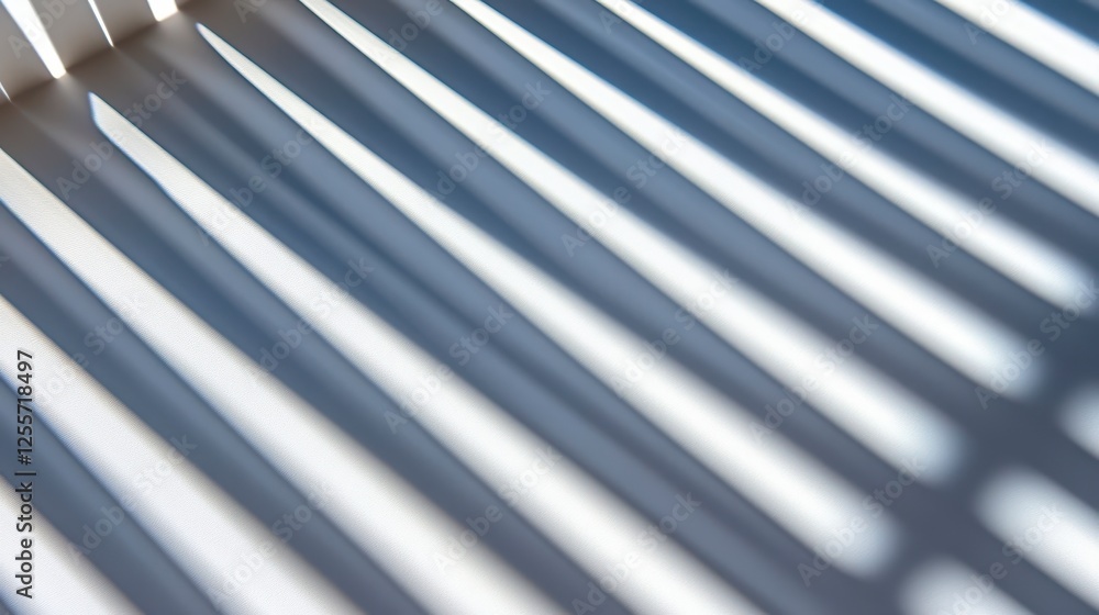 Poster abstract patterns of white light and shadow from slats on a wall, creating a series of parallel line