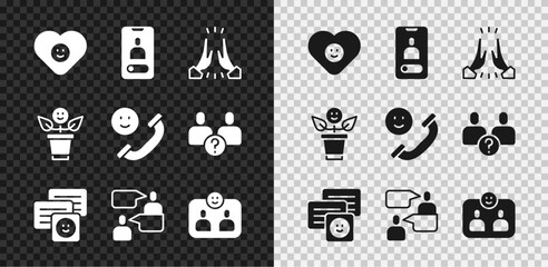 Set Good relationship, Incoming call mobile, Informal greeting, Chat messages laptop, Two sitting men talking, Friends forever, BFF best friends and icon. Vector