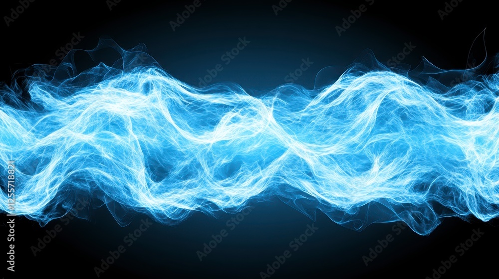 Poster abstract design with light blue particle waves on a dark background, showcasing a flowing, dynamic a
