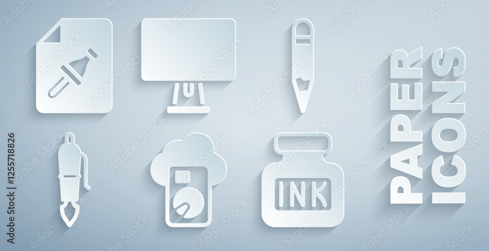 Poster set cloud database, pencil, fountain pen nib, inkwell, computer monitor and note paper with push but