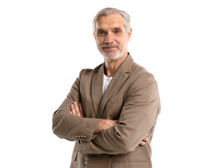 Serious middle-aged man posing on transparent background with copy space