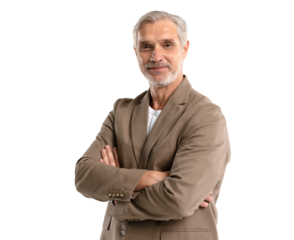 Serious middle-aged man posing on transparent background with copy space