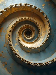 A mesmerizing, spiraling staircase descends into darkness, illuminated by a single light at the bottom, creating a sense of depth and mystery