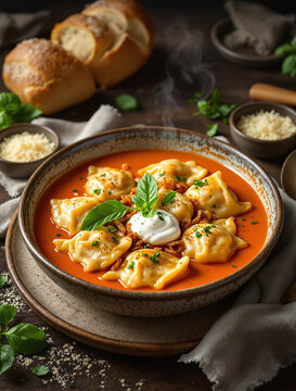 Indulge in Delicious Dumplings served in Rich and Creamy Tomato Sauce topped with Fresh Herbs