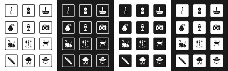 Set Picnic basket, Wine glass, Pear, Knife, Photo camera, Bottle of water, Barbecue grill and Fruit icon. Vector