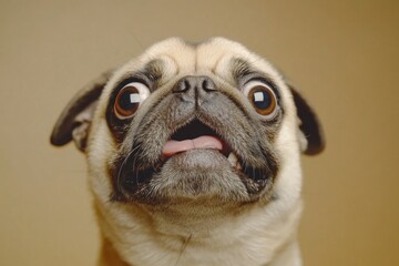 A cute pug looks up at the camera with curious expression