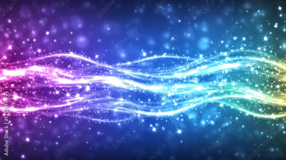 Poster abstract multicolored background with shimmering light trails and sparkling particles. vibrant color