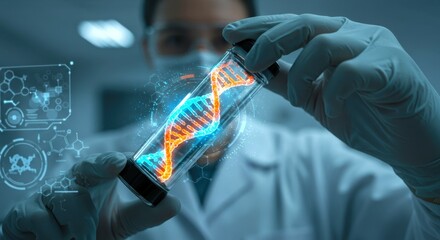 Close up doctor holds vial with glowing DNA double helix structure or molecule. CRISPR gene editing, gene therapy. Treatment of blood cancer and hereditary disease. Genetics innovation. 