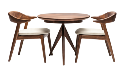 Elegant wooden dining table with two chairs, isolated on transparent cutout background