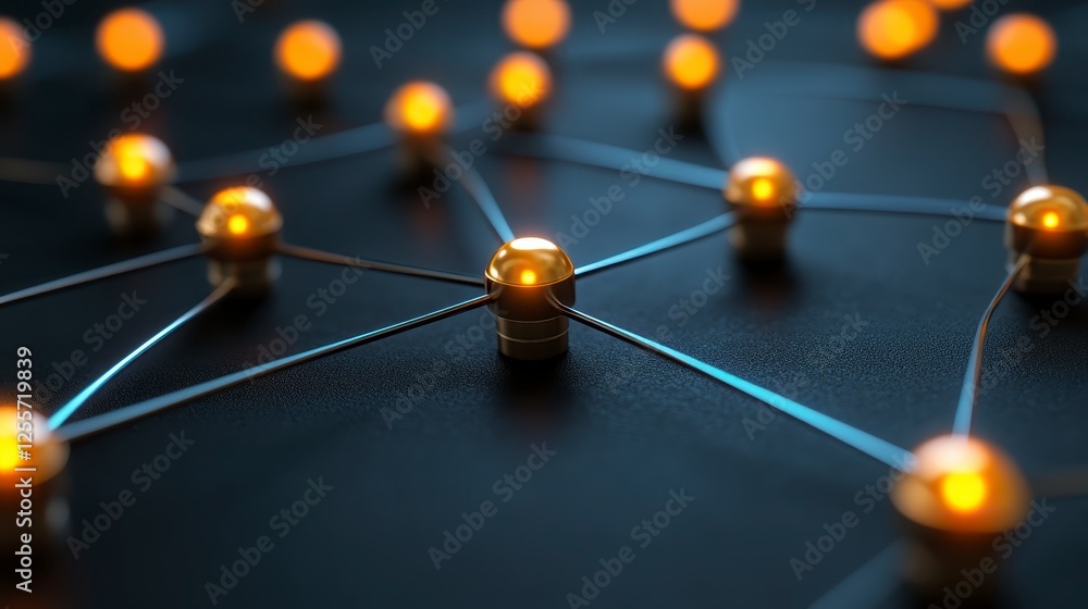 Poster abstract network of interconnected glowing golden spheres connected by thin lines on a dark backgrou