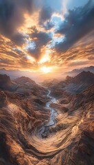 Naklejka premium Vibrant sunset over desert canyons, glowing rich reds and oranges in the rocky terrain, cinematic depth emphasizing natural drama