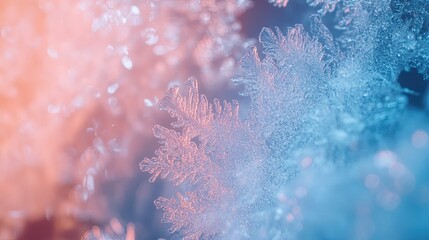 Macro Frost Crystals with Blurred Pink and Blue Background for Winter