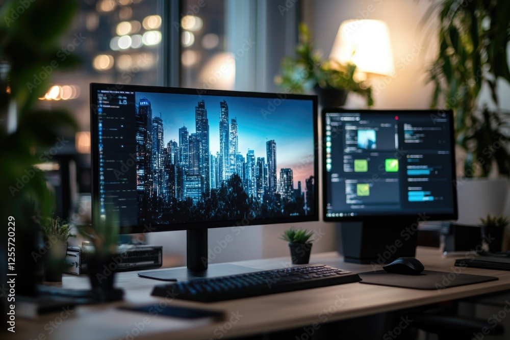 Aufkleber a desk with two computer monitors and a keyboard in an office setting