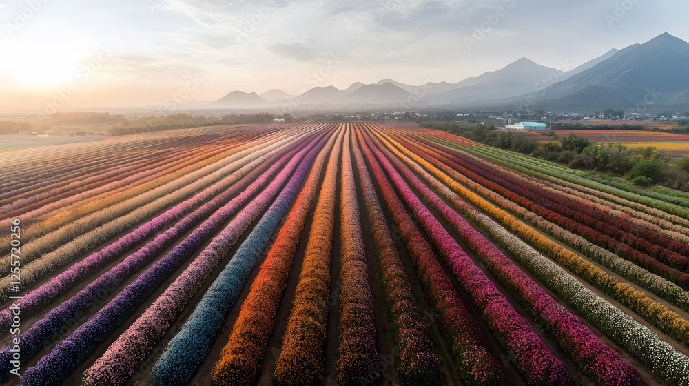 Poster vibrant aerial view of colorful flower fields, symmetrical rows glowing under a bright sunny sky, ci