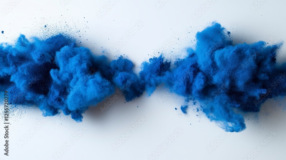 Poster abstract artistic image of two horizontal streams of vibrant blue powder exploding and dispersing ag