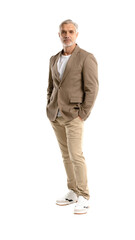 Full length business portrait of confident businessman. Entrepreneur in jacket, smiling, Happy mid...